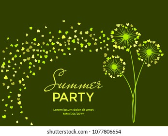 Green vector dandelion herbs, meadow flowers illustration. Floral windy background with dandelion blowing plant. Flowers with heart shaped feather. Abstract flying heart petals. Summer party.
