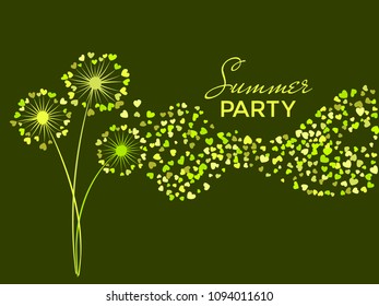 Green vector dandelion herbs, meadow flowers illustration. Floral seasonal background with dandelion blowing plant. Flowers with heart shaped feather flying. Love symbols summer party design in green.