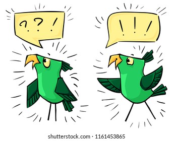 Green vector doodle birds with bubbles - emotion  dejection and happiness