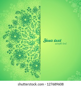 Green vector doodle flowers background with place for your text