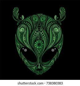 Green vector drawing of an alien's head with antennas from patterns