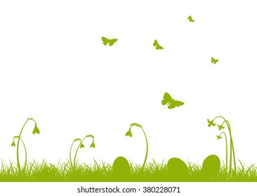 Green Vector Easter Holiday Season Greeting Card Template with Butterflies, Hidden Eggs and Snowdrop Silhouette, Shapes. With Free Text Space.