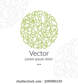 Green vector emblem. Can be used for organic products, jewelry, beauty and fashion industry. Great for logo, invitation, flyer, menu, brochure, business card, banner, background or any desired idea.