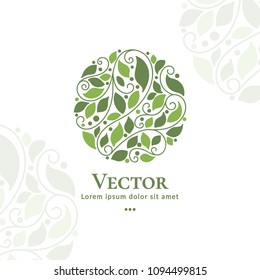 Green vector emblem. Can be used for organic products, jewelry, beauty and fashion industry. Great for logo, invitation, flyer, menu, brochure, business card, banner, background or any desired idea.