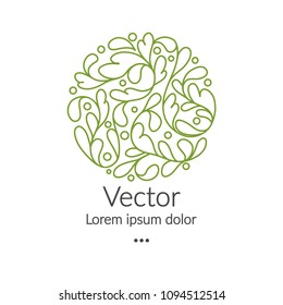 Green vector emblem. Can be used for organic products, jewelry, beauty and fashion industry. Great for logo, invitation, flyer, menu, brochure, business card, banner, background or any desired idea.