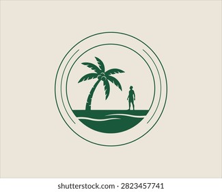 Green vector emblem logo featuring a tropical palm tree and a human silhouette standing on a beach with ocean waves inside a circular frame.