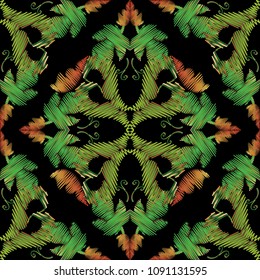 Green vector embroidery Baroque seamless pattern. Antique grunge endless floral ornaments in baroque style. Tapestry vintage textured background. Embroidered design. Ornate damask scroll leaves. 