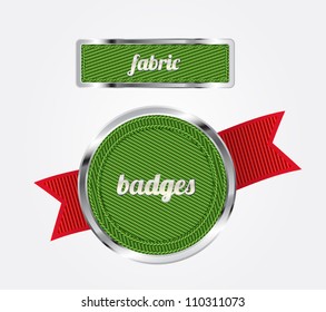Green vector fabric badges with red ribbon and metallic decorations