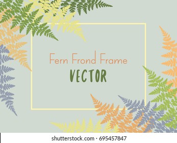 Green vector fern frame corners. Card with place for text. Polypodiophyta plant jungle leaves decor on grey background. Detailed drawing, tropical forest herbs background, fern frond grass border.