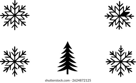 A green vector fir branch adorned with a delicate set of white snowflakes, a festive winter holiday decoration