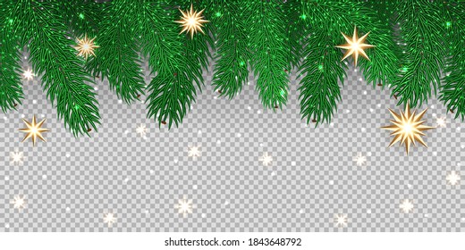 Ramas de abetos vectoriales verdes, luces, estrellas, aisladas en fondo transparente. Árbol de Navidad, pino verdoso de Navidad, plantas en banner sin costura. Ilustración para diseño de burla, bordes de decoración.