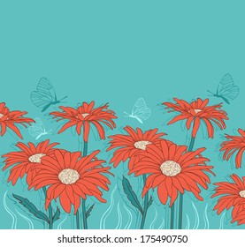 Green vector floral background with red gerbera and butterflies