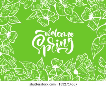 Green vector floral frame for greeting card with text Welcome Spring. Isolated flat scandinavian illustration on white and green background. Hand drawn nature design