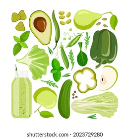 Green vector food. Vegetables, fruits and other green food on white. Chromotherapy, Color Benefits to Your Health. Fresh organic food for menu, banner for healthy eating. Eat colors for your health.