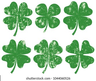 Green vector four leaf clover silhouette s with texture for cards, Saint Patrick's day designs and icons