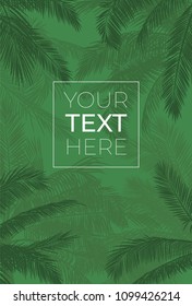 Green vector frame with palm tree silhouette. Banana leaves with place for your text on green background. Template for banner, card, poster, brochure, wallpaper. Vector illustration. EPS10.
