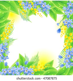 Green vector fresh spring leaves and flowers on white background