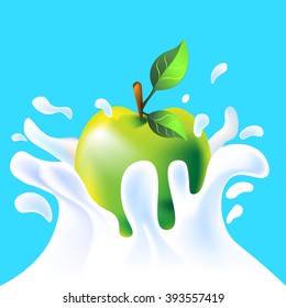 Green vector fresh tasty apple falling in white milk yoghurt splash on blue background of vitamine fruit