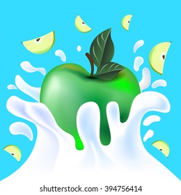 Green vector fresh tasty apple falling in white milk yoghurt splash on blue background of vitamine fruit