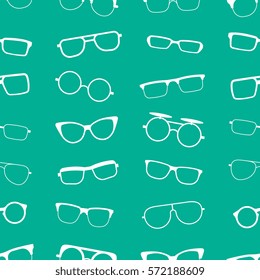 Green vector glasses, sunglasses seamless pattern. Hipster background design illustration