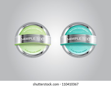 Green vector glossy glass round badges / banners with metallic decorations