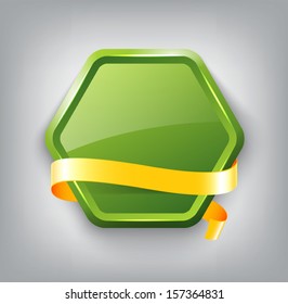 Green vector glossy hexagonal plastic badge with yellow silky ribbon