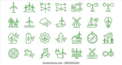 Green vector graphic illustration of various eco friendly symbols and icons representing renewable energy sources and sustainable living concepts in a modern design style