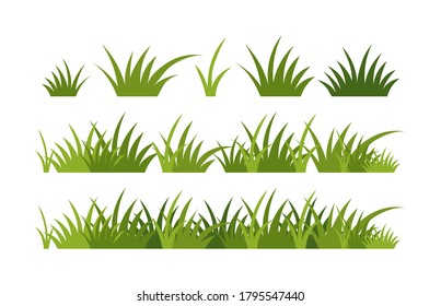 Green vector grass, horizontal border. A set of elements for design, green meadow, spring greenery, plants for a summer meadow. Illustration isolated on white background