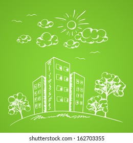 Green vector hand drawn background with house and trees