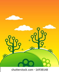 Green vector hills with abstract trees