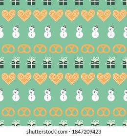 Green vector holiday cookies, bretzels, snowmen, wrapped gifts seamless pattern background. Perfect for fabric, scrapbooking, and party paper projects.