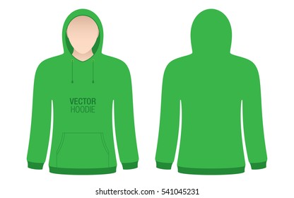 Green vector hoodie template. Model woman dressed in a green hoodie, isolated on a white background.