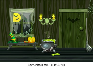 Green vector house, illustration interior wooden room with halloween symbols