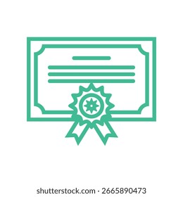 Um ícone de vetor verde de um certificado com uma borda decorativa, linhas de texto horizontais e um selo de fita no centro inferior.