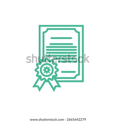 Green vector icon of a certificate with a ribbon and seal, representing achievement or recognition.