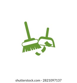 A green vector icon depicting a broom and a dustpan sweeping up debris or paper shreds, set against a plain white background.
