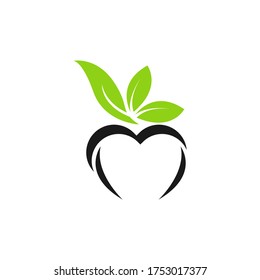 Icono vector verde con forma cardíaca y dos hojas. Puede utilizarse para el diseño del logotipo del concepto de salud ecológica, vegetariana, vegetal o de cuidado de la naturaleza