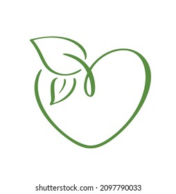 Green vector icon heart shape and two leaves. Can be used for eco, vegan herbal healthcare or nature care concept organic logo design.