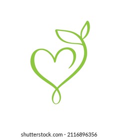 Green vector icon heart shape and leaf. Can be used for eco, vegan herbal healthcare or nature care concept organic logo design.