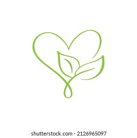 Green vector icon heart shape and leaf. Can be used for eco, vegan herbal healthcare or nature care concept organic logo design.