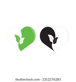 Green vector icon with heart shape and two leaves. Eco, vegan, herbal health or nature care concept can be used for logo design