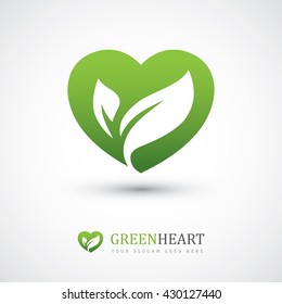 Green vector icon with heart shape and two leaves. Can be used for eco, vegan, herbal healthcare or nature care concept logo design