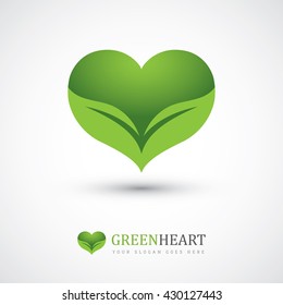 Green vector icon with heart shape and two leaves. Can be used for eco, vegan, herbal healthcare or nature care concept logo design