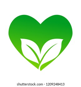 green vector icon with heart symbol and two leaves, eco concept, stock vector illustration