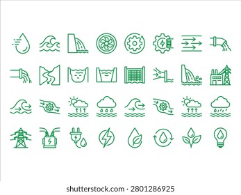 Green vector icons depicting various eco friendly symbols and renewable energy concepts in a modern graphic design