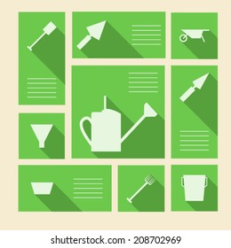 Green vector icons for gardening tools with place for text. Square green vector icons with white silhouette symbols for gardening tools and place for your text.