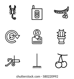 green vector icons. Set of 9 green outline icons such as scorpion, cherry, peas, rake, cactus, intercom, dollar, cannon