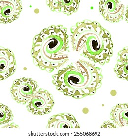 Green vector illustrated watercolor seamless wave pattern. Spring curl background