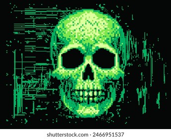 A green vector illustration of a 8-bit glitched human skull that represents a computer virus.