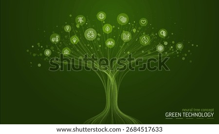 Green vector illustration, abstract AI powered growth tree. Eco, sustainability and renewable energy concept. Neural network background. Leaf, wind turbine, solar panel, water drop and recycling icon